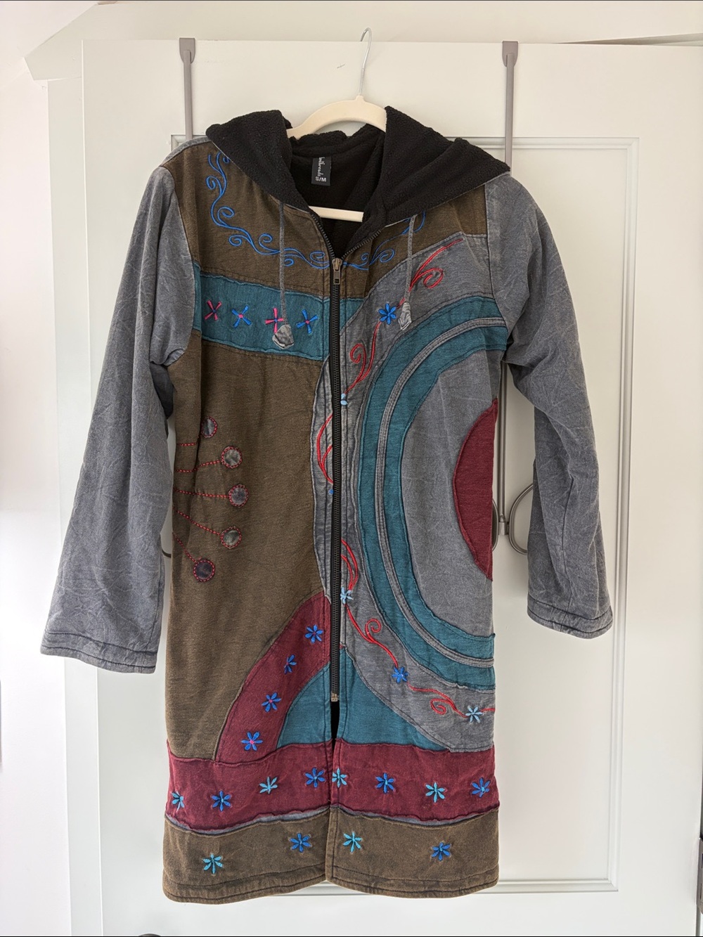 Sacred Threads Olive, Teal & Gray Patchwork Fleece Jacket NWOT